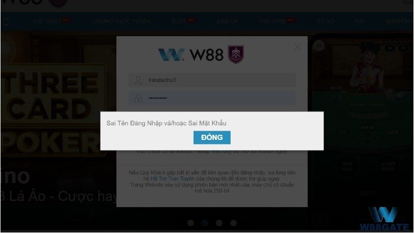 W88 không vào được? Cược thủ nhập sai thông tin tài khoản